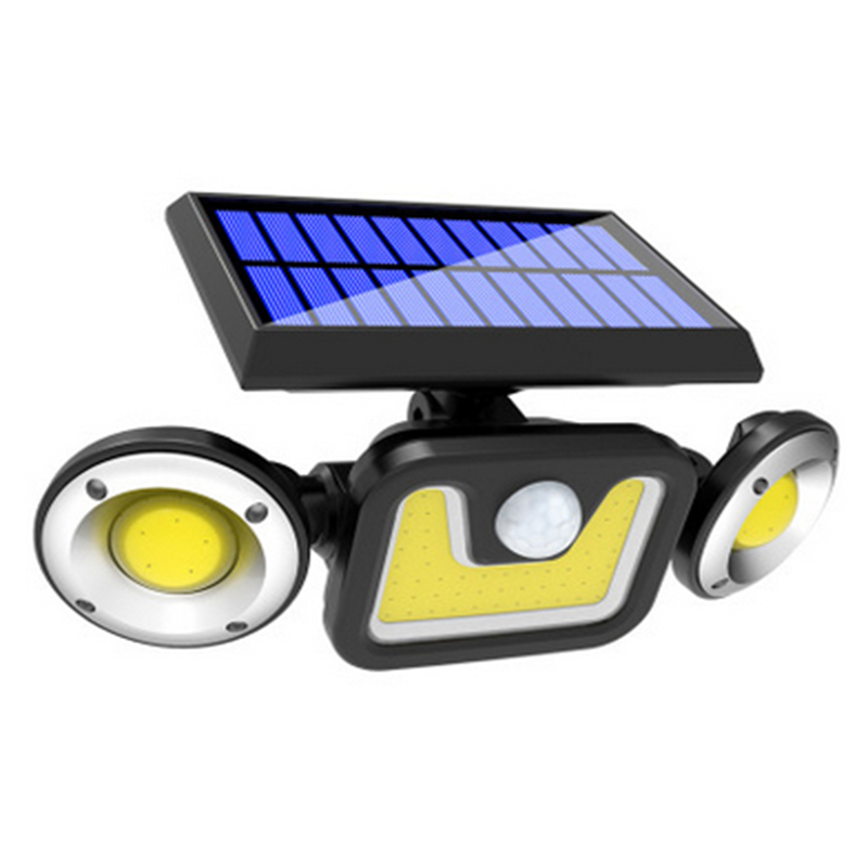 "Solar-LED Flutlicht mit 3 Strahlern und Bewegungsmelder, ideal für effiziente Außenbeleuchtung, wetterbeständig."
