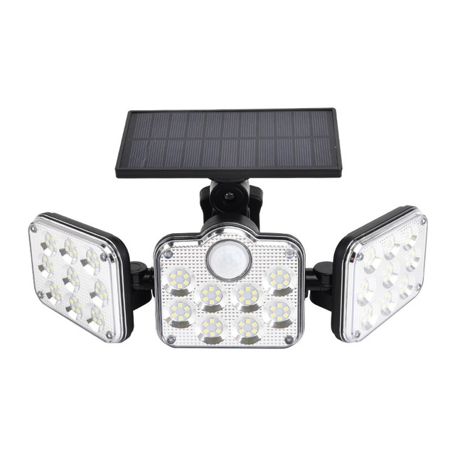 "Solar-LED Flutlicht mit 3 Strahlern und Bewegungsmelder, ideal für effiziente Außenbeleuchtung, wetterbeständig."