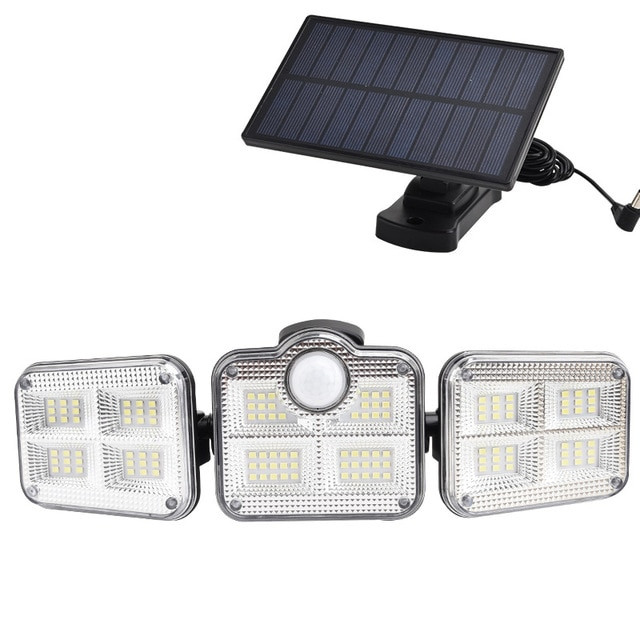 "Solar-LED Flutlicht mit 3 Strahlern und Bewegungsmelder, ideal für effiziente Außenbeleuchtung, wetterbeständig."