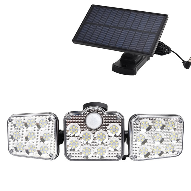 "Solar-LED Flutlicht mit 3 Strahlern und Bewegungsmelder, ideal für effiziente Außenbeleuchtung, wetterbeständig."