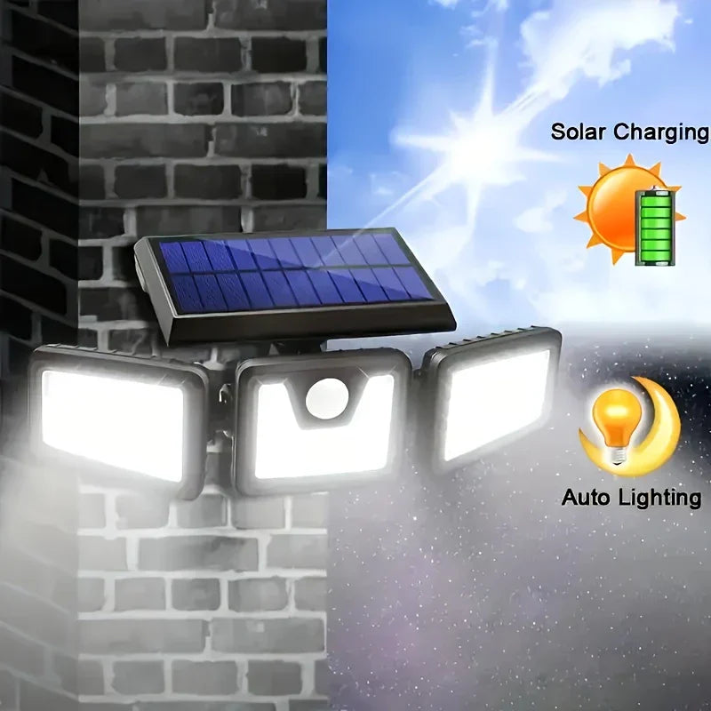 "Solar-LED Flutlicht mit 3 Strahlern und Bewegungsmelder, ideal für effiziente Außenbeleuchtung, wetterbeständig."