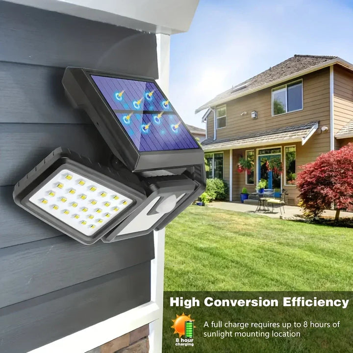 "Solar-LED Flutlicht mit 3 Strahlern und Bewegungsmelder, ideal für effiziente Außenbeleuchtung, wetterbeständig."