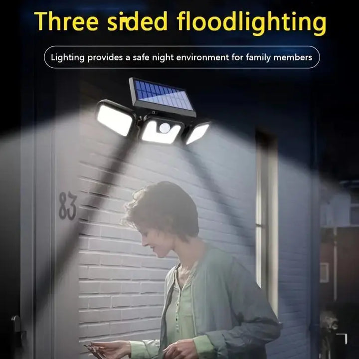 "Solar-LED Flutlicht mit 3 Strahlern und Bewegungsmelder, ideal für effiziente Außenbeleuchtung, wetterbeständig."
