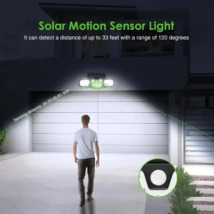 "Solar-LED Flutlicht mit 3 Strahlern und Bewegungsmelder, ideal für effiziente Außenbeleuchtung, wetterbeständig."