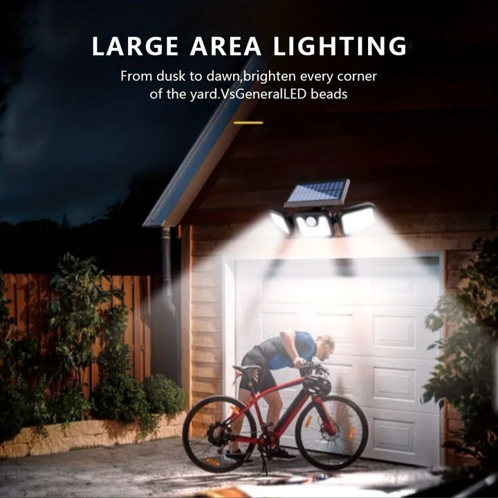 "Solar-LED Flutlicht mit 3 Strahlern und Bewegungsmelder, ideal für effiziente Außenbeleuchtung, wetterbeständig."