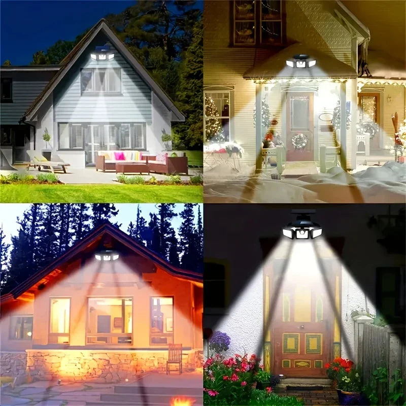 "Solar-LED Flutlicht mit 3 Strahlern und Bewegungsmelder, ideal für effiziente Außenbeleuchtung, wetterbeständig."