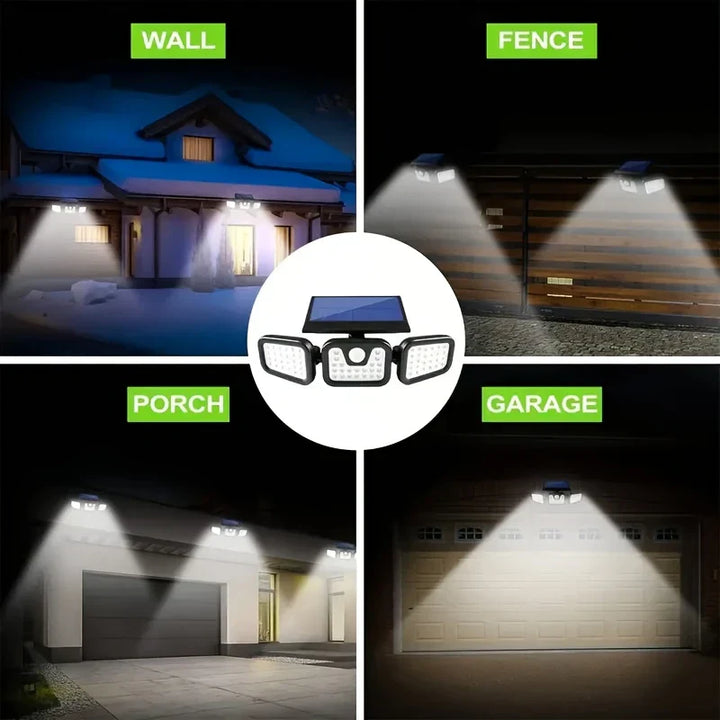 "Solar-LED Flutlicht mit 3 Strahlern und Bewegungsmelder, ideal für effiziente Außenbeleuchtung, wetterbeständig."