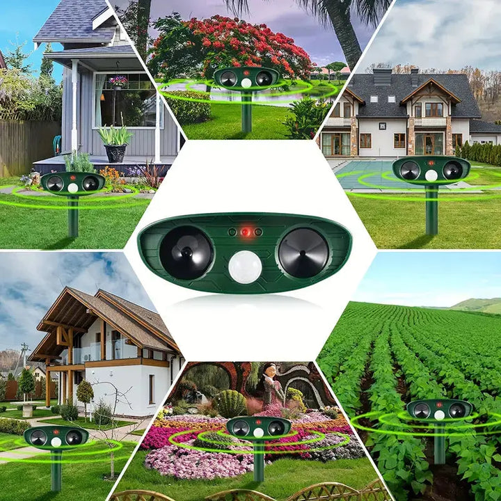 "Solarbetriebener Tiervertreiber, wetterfest, grün, mit Solarmodul und LED-Blitzlicht, ideal für Garten. Nachhaltige Tierabwe