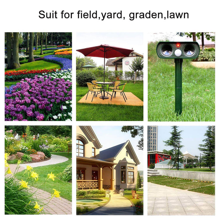 Solarbetriebener Ultraschall-Tiervertreiber mit Infrarotsensor und PIR, effiziente und wetterfeste Tierabwehr im Garten.