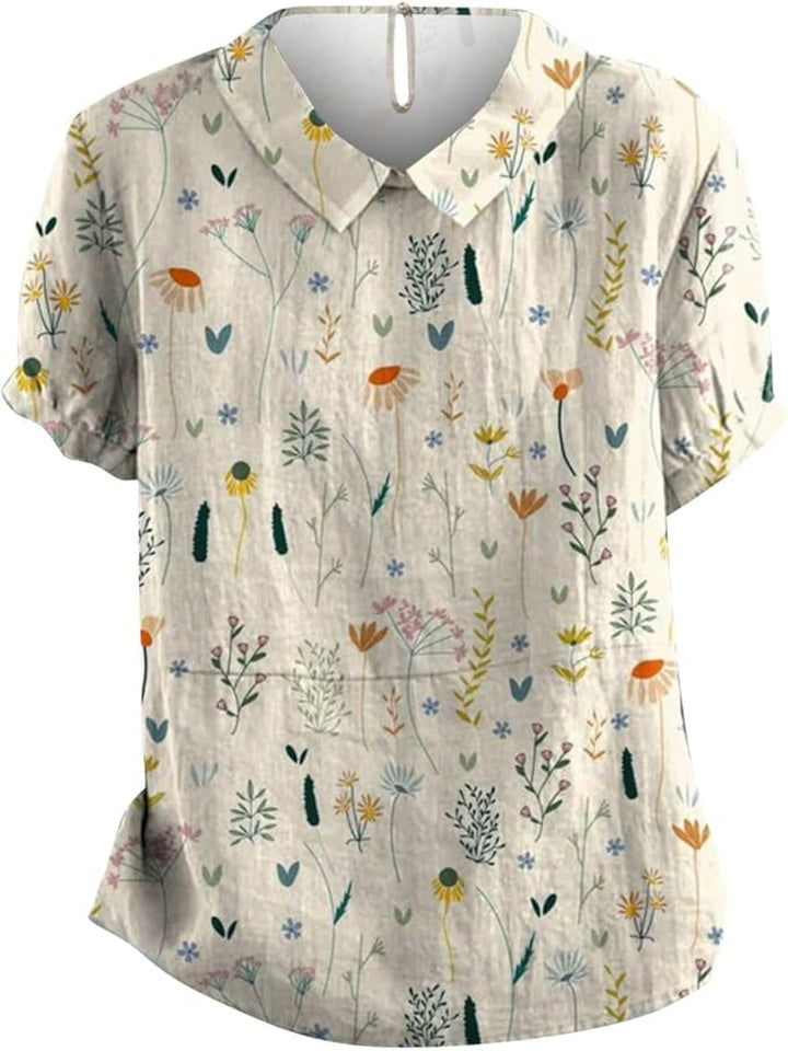 "Sommerbluse mit Wildblumenmuster, pastellfarben, locker geschnitten, ideal für warme Tage; Damenmode, stilvoll und bequem."