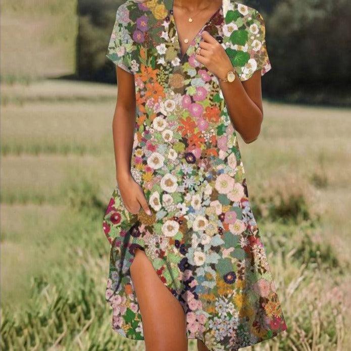 "Sommerkleid aus atmungsaktivem Stoff, vorne Sicht, mit elegantem Muster und klassischem Schnitt, ideal für heiße Tage."