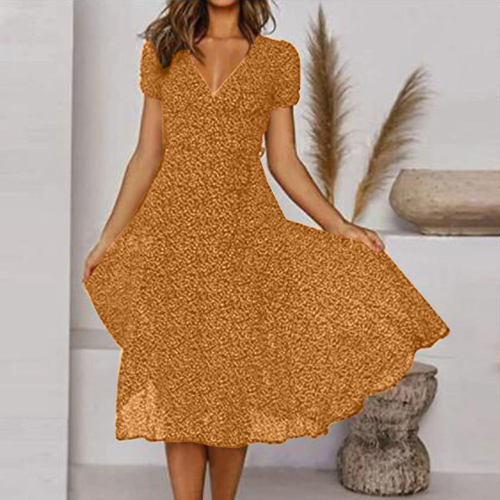 Sommerkleid mit Blumendruck, A-Linie, V-Ausschnitt, elegant, leicht und atmungsaktiv für sonnige Tage.