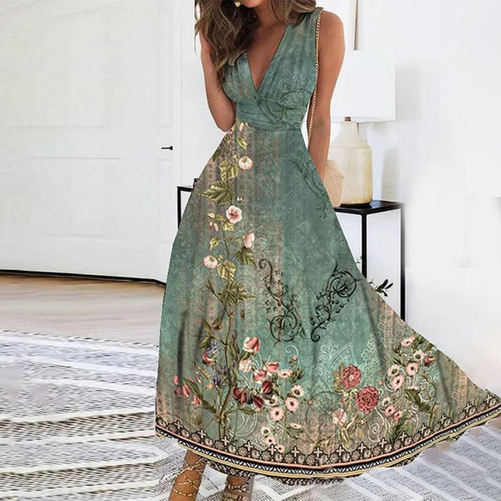 Sommerliches Damen Maxi-Kleid mit V-Ausschnitt und Blumenmuster, fließend und bequem für warme Tage.