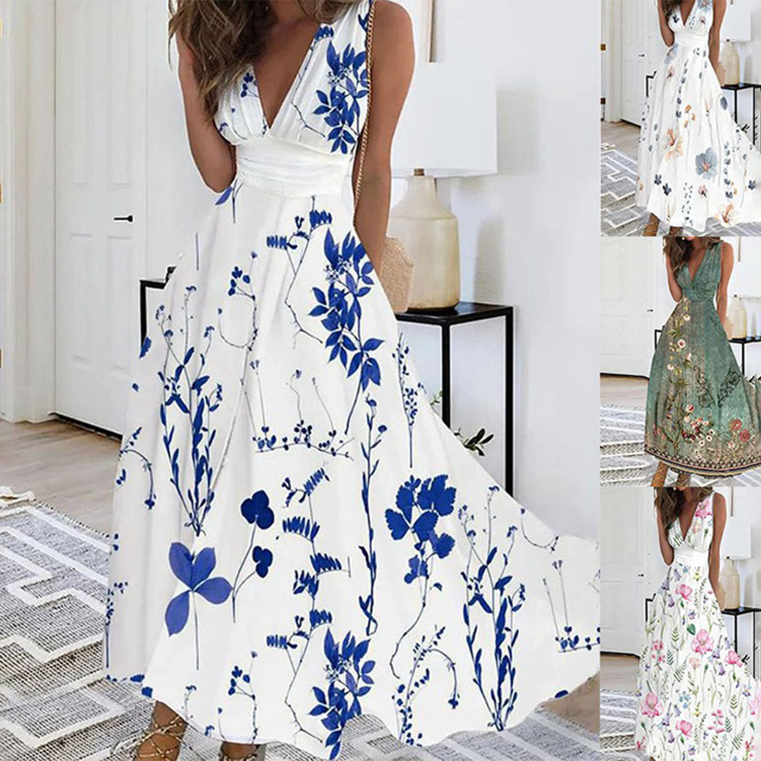 Sommerliches Damen Maxi-Kleid mit V-Ausschnitt und Blumenmuster, fließend und bequem für warme Tage.
