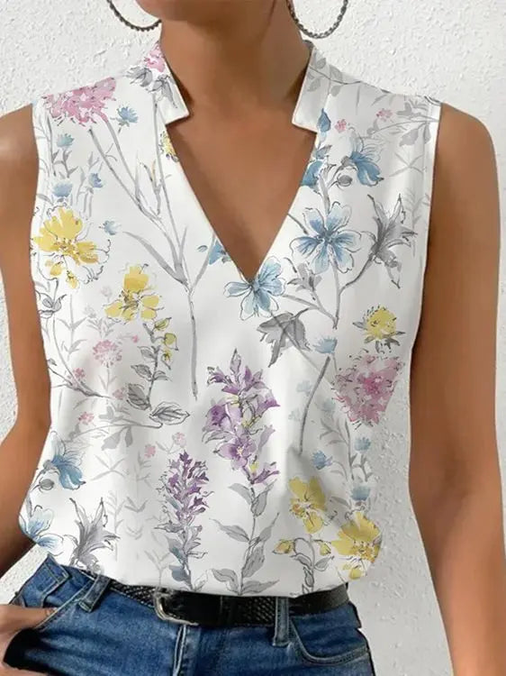 "Sommerliches, weiches Damen-Top mit V-Ausschnitt, ärmellos, weiß, luftiger Stoff. Perfekt für lässige Sommerlooks."