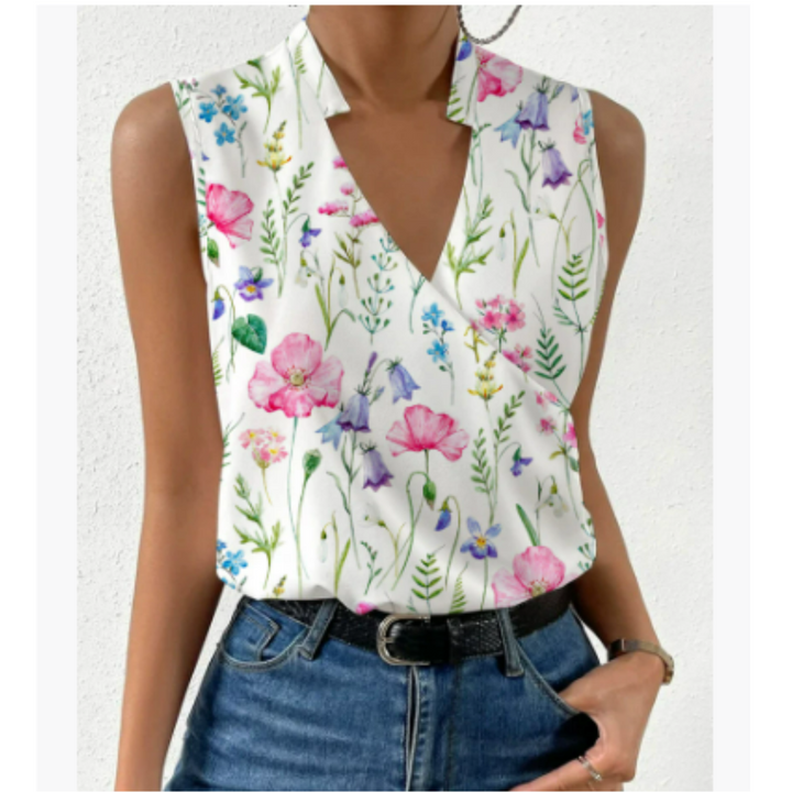 "Sommerliches, weiches Damen-Top mit V-Ausschnitt, ärmellos, weiß, luftiger Stoff. Perfekt für lässige Sommerlooks."