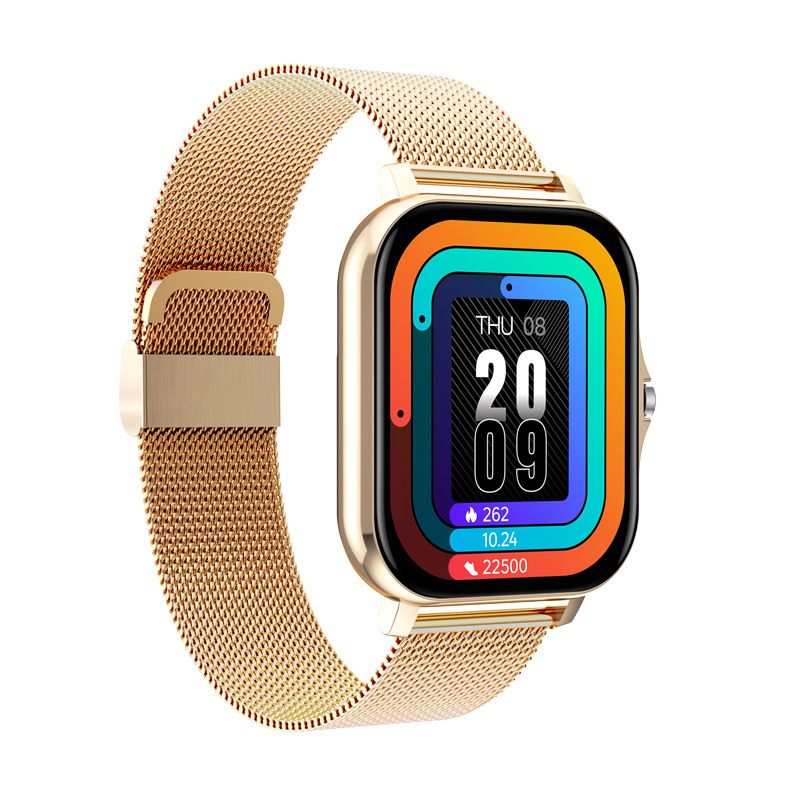 "SOS Smartwatch mit Echtzeit-Vitalüberwachung, kompakt und stilvoll, in Gold, Grau, Rosa und Schwarz verfügbar."