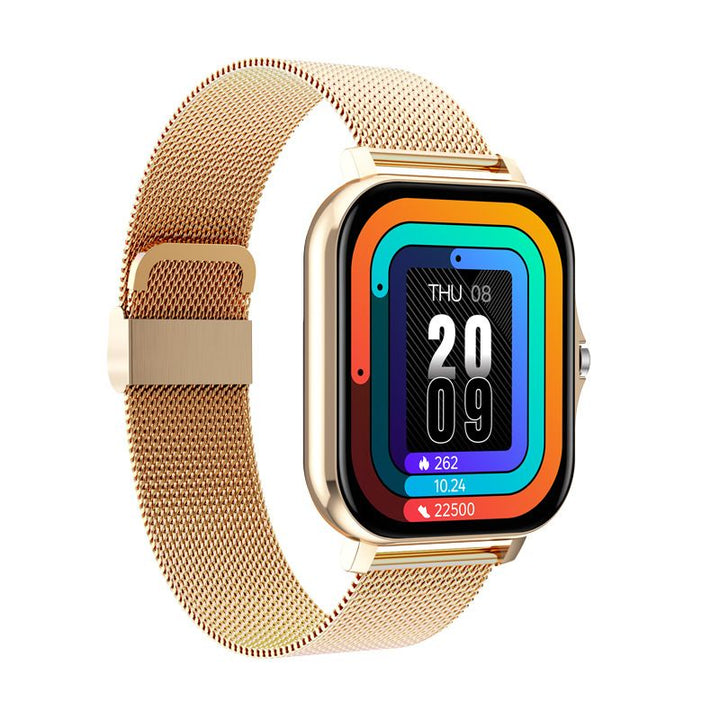"SOS Smartwatch mit Echtzeit-Vitalüberwachung, kompakt und stilvoll, in Gold, Grau, Rosa und Schwarz verfügbar."
