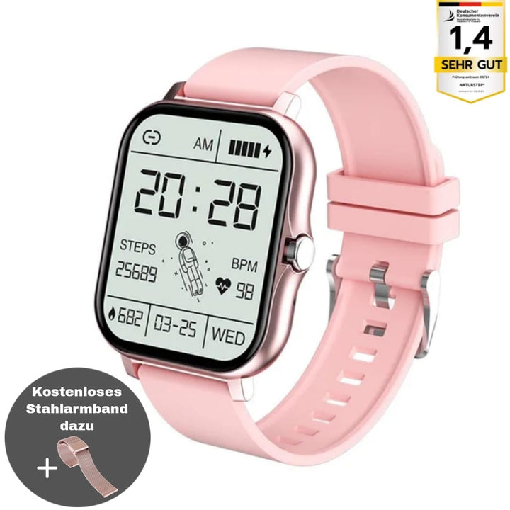 "SOS Smartwatch mit Echtzeit-Vitalüberwachung, kompakt und stilvoll, in Gold, Grau, Rosa und Schwarz verfügbar."