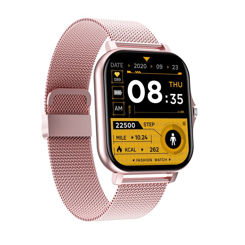 "SOS Smartwatch mit Echtzeit-Vitalüberwachung, kompakt und stilvoll, in Gold, Grau, Rosa und Schwarz verfügbar."