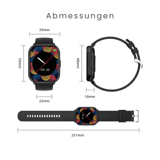 "SOS Smartwatch mit Echtzeit-Vitalüberwachung, kompakt und stilvoll, in Gold, Grau, Rosa und Schwarz verfügbar."