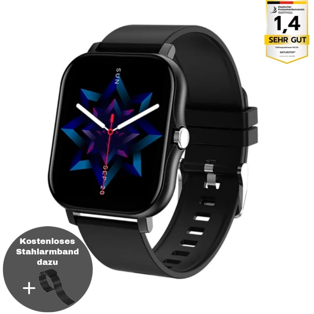 "SOS Smartwatch mit Echtzeit-Vitalüberwachung, kompakt und stilvoll, in Gold, Grau, Rosa und Schwarz verfügbar."