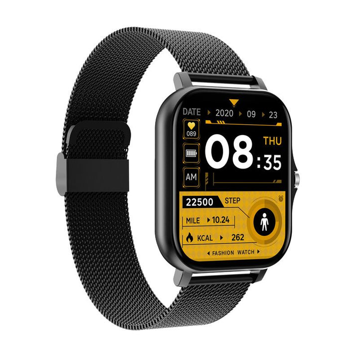 "SOS Smartwatch mit Echtzeit-Vitalüberwachung, kompakt und stilvoll, in Gold, Grau, Rosa und Schwarz verfügbar."
