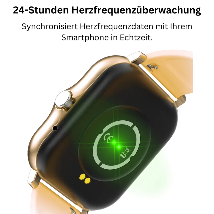 "SOS Smartwatch mit Echtzeit-Vitalüberwachung, kompakt und stilvoll, in Gold, Grau, Rosa und Schwarz verfügbar."