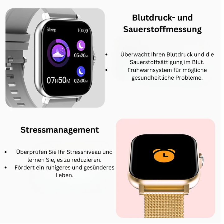 "SOS Smartwatch mit Echtzeit-Vitalüberwachung, kompakt und stilvoll, in Gold, Grau, Rosa und Schwarz verfügbar."