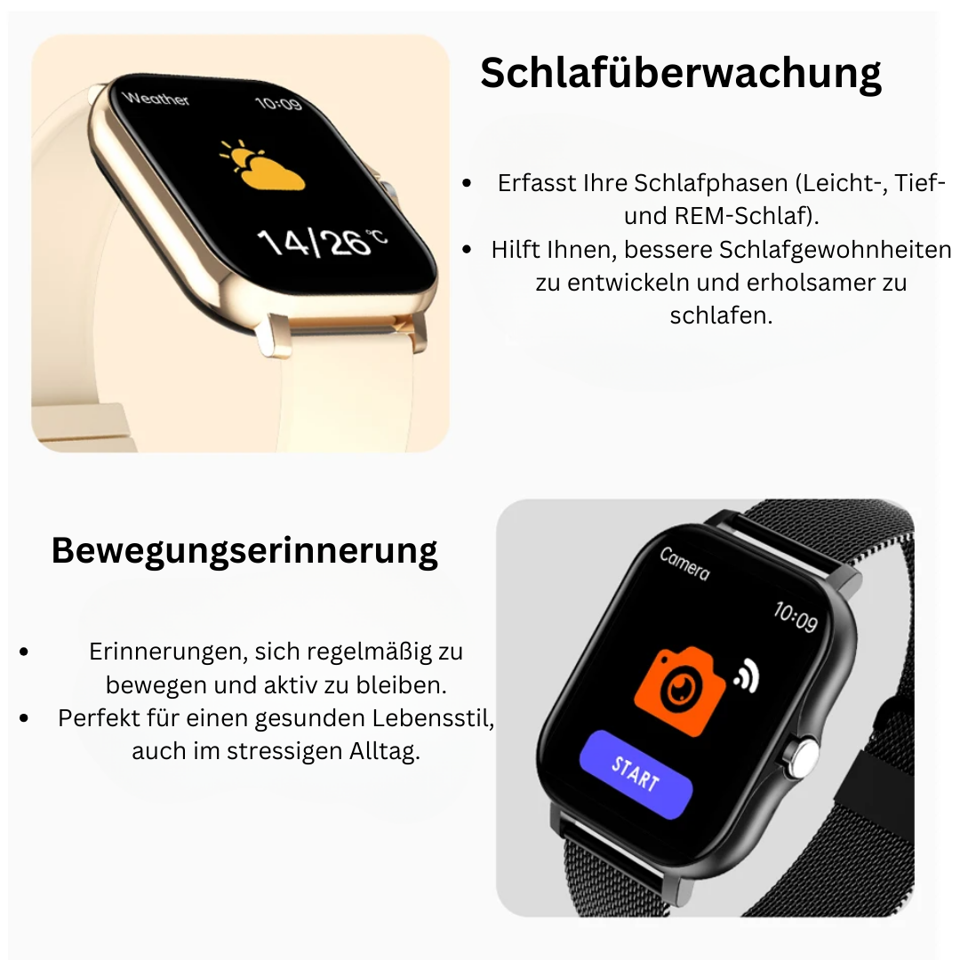 "SOS Smartwatch mit Echtzeit-Vitalüberwachung, kompakt und stilvoll, in Gold, Grau, Rosa und Schwarz verfügbar."