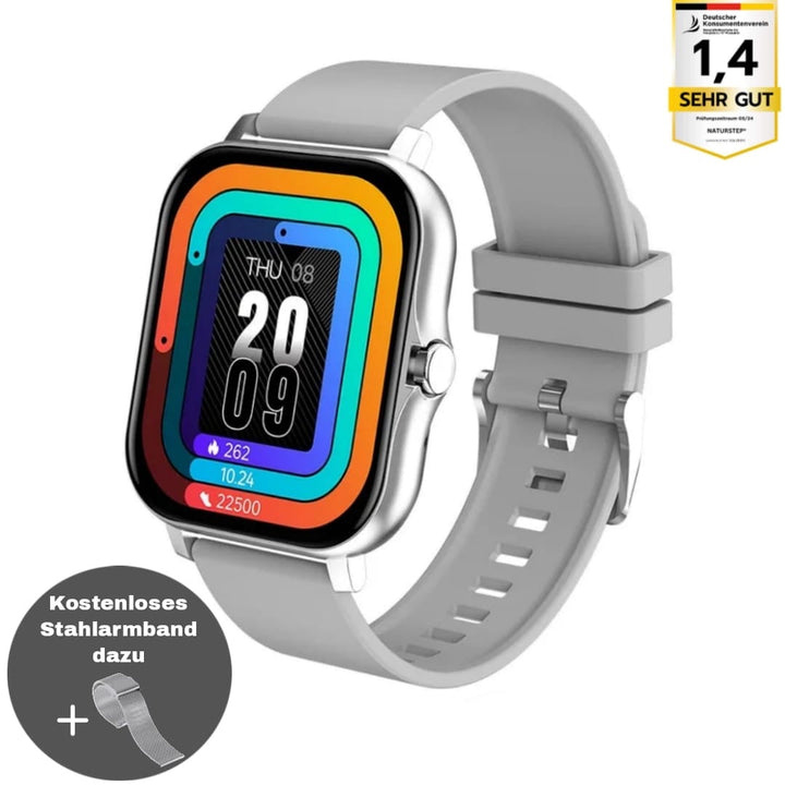"SOS Smartwatch mit Echtzeit-Vitalüberwachung, kompakt und stilvoll, in Gold, Grau, Rosa und Schwarz verfügbar."