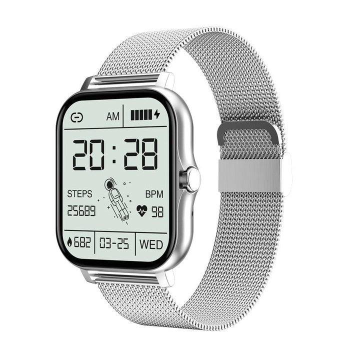 "SOS Smartwatch mit Echtzeit-Vitalüberwachung, kompakt und stilvoll, in Gold, Grau, Rosa und Schwarz verfügbar."