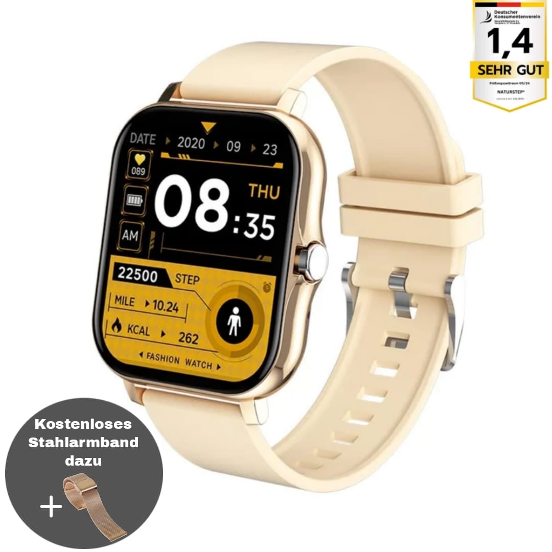 "SOS Smartwatch mit Echtzeit-Vitalüberwachung, kompakt und stilvoll, in Gold, Grau, Rosa und Schwarz verfügbar."