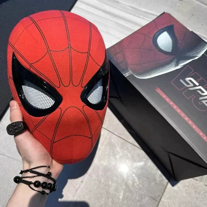 "Spider-Man Maske mit beweglichen Augen, für Kinder geeignet, manuelle und elektrische Steuerung, ideal für Kostüme."