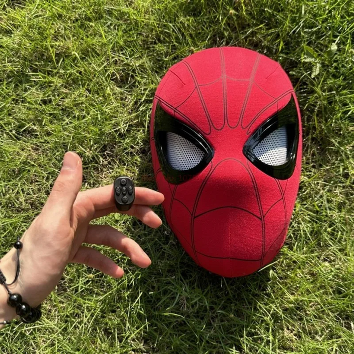 "Spider-Man Maske mit beweglichen Augen, für Kinder geeignet, manuelle und elektrische Steuerung, ideal für Kostüme."