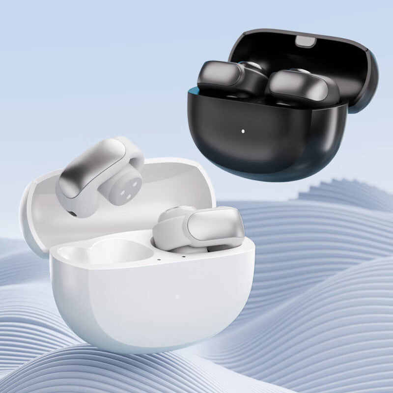 Sportkopfhörer mit offenem Ohr, Bluetooth 5.3, schwarz, lange Akkulaufzeit, ideal für Sport und Outdoor-Aktivitäten.