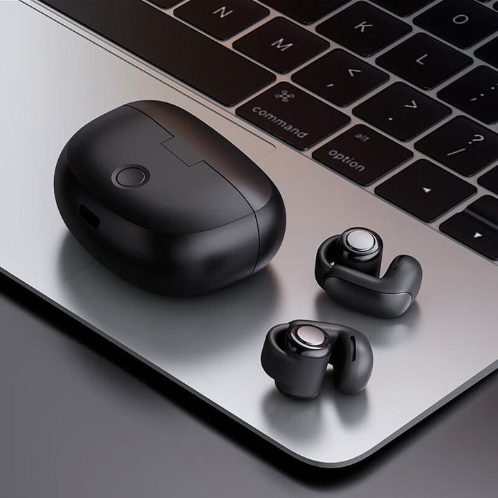 Sportkopfhörer mit offenem Ohr, Bluetooth 5.3, schwarz, lange Akkulaufzeit, ideal für Sport und Outdoor-Aktivitäten.