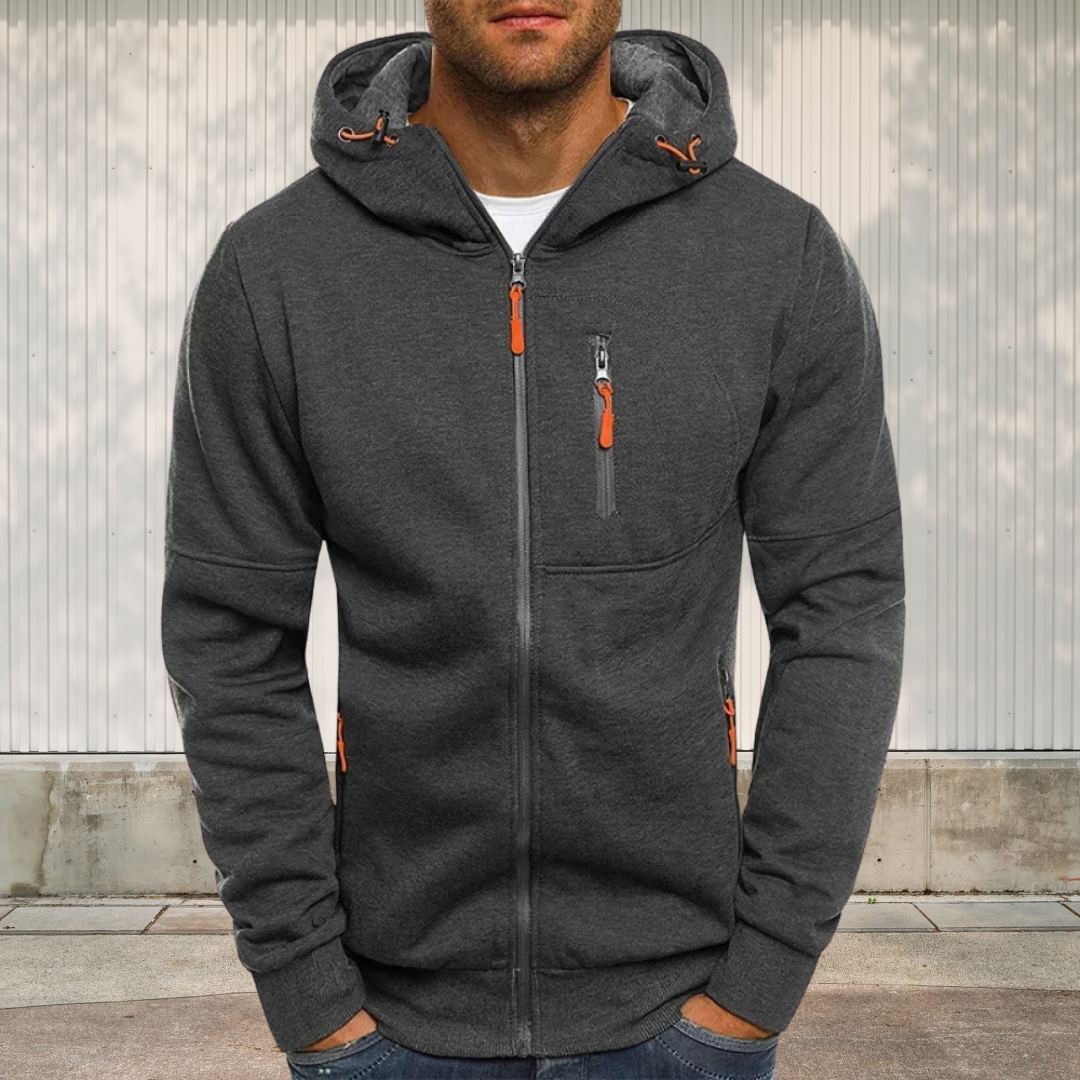 "Sportliche Herren Kapuzenjacke in Dunkelblau mit Reißverschluss, atmungsaktiv und vielseitig für Sport und Freizeit geeignet