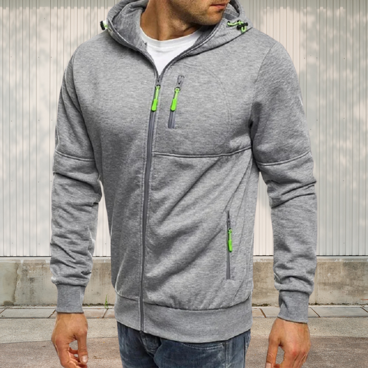 "Sportliche Herren Kapuzenjacke in Dunkelblau mit Reißverschluss, atmungsaktiv und vielseitig für Sport und Freizeit geeignet