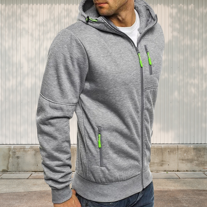 "Sportliche Herren Kapuzenjacke in Dunkelblau mit Reißverschluss, atmungsaktiv und vielseitig für Sport und Freizeit geeignet