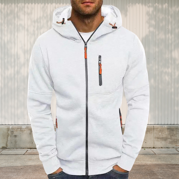 "Sportliche Herren Kapuzenjacke in Dunkelblau mit Reißverschluss, atmungsaktiv und vielseitig für Sport und Freizeit geeignet