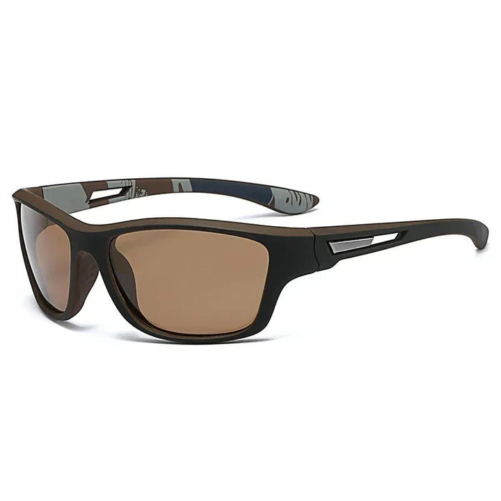 Sportliche schwarze Sonnenbrille mit polarisierenden UV400 Linsen, leichtem Kunststoffrahmen, ideal für Outdoor und Sport.