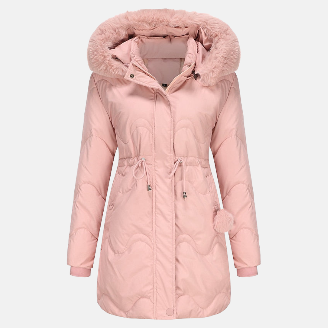 Stilvolle Damen Parka-Jacke für den Winter in Schwarz, isolierend und verstellbar, elegante, schlanke Silhouette mit Kapuze.