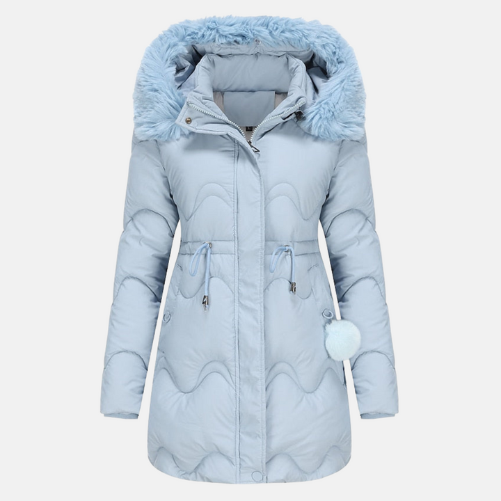 Stilvolle Damen Parka-Jacke für den Winter in Schwarz, isolierend und verstellbar, elegante, schlanke Silhouette mit Kapuze.