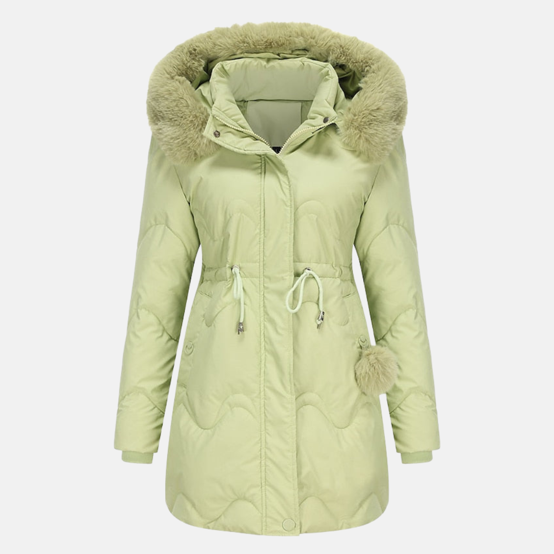 Stilvolle Damen Parka-Jacke für den Winter in Schwarz, isolierend und verstellbar, elegante, schlanke Silhouette mit Kapuze.