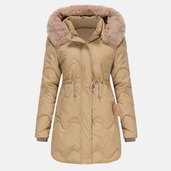 Stilvolle Damen Parka-Jacke für den Winter in Schwarz, isolierend und verstellbar, elegante, schlanke Silhouette mit Kapuze.