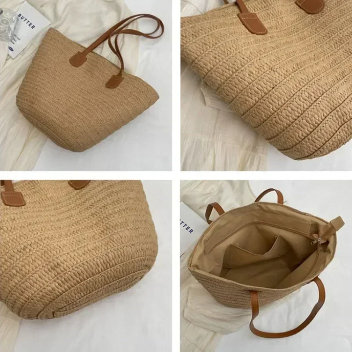 Stilvolle geflochtene Damen Umhängetasche mit Korbdesign aus Stroh, mit abnehmbarem Schultergurt und geräumigem Innenraum.