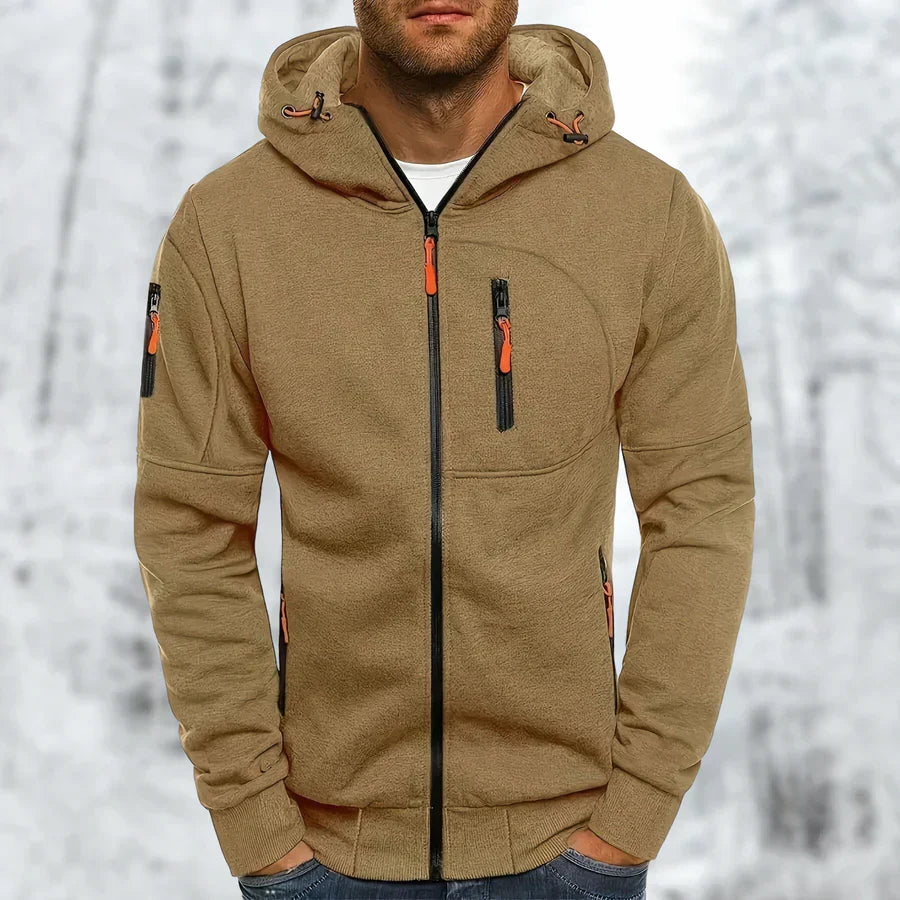 "Stilvolle Herren Kapuzenjacke, dunkelgrau, modernes Design, perfekte Passform, für Alltag und besondere Anlässe geeignet."