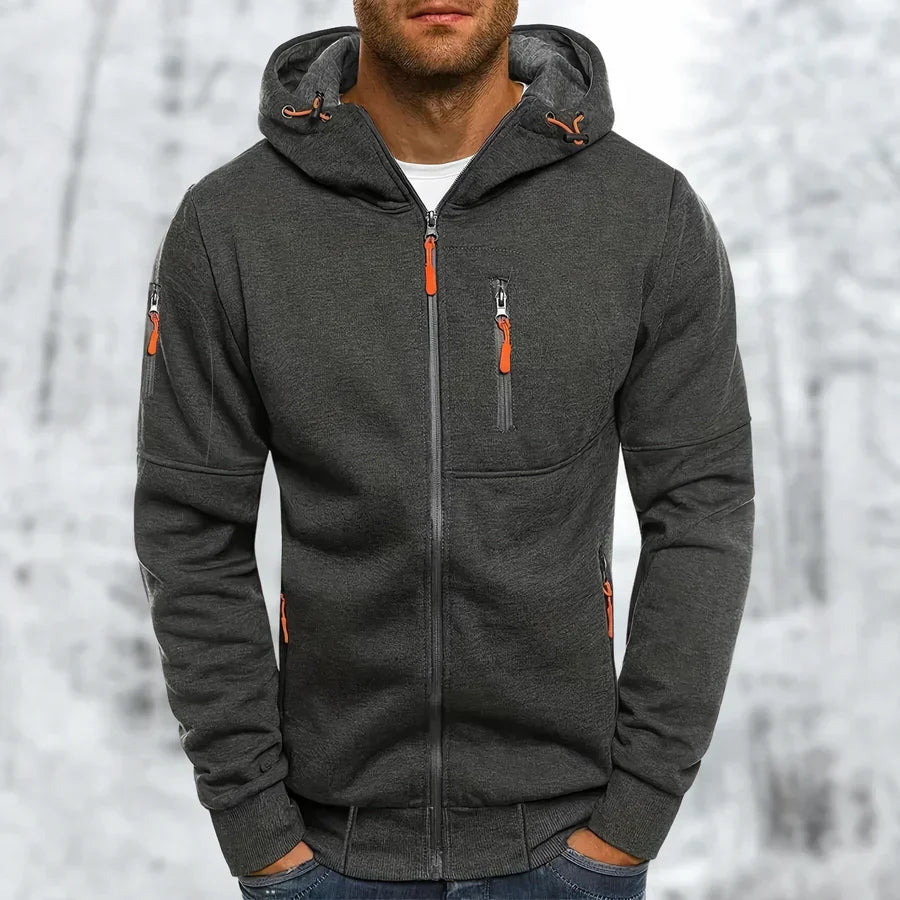"Stilvolle Herren Kapuzenjacke, dunkelgrau, modernes Design, perfekte Passform, für Alltag und besondere Anlässe geeignet."