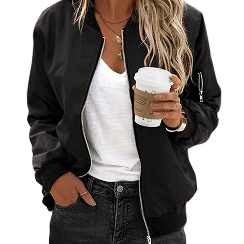 "Stilvolle langärmlige Damen-Bomberjacke mit Reißverschluss, gerippten Bündchen und schlanker Silhouette, ideal für den Allta